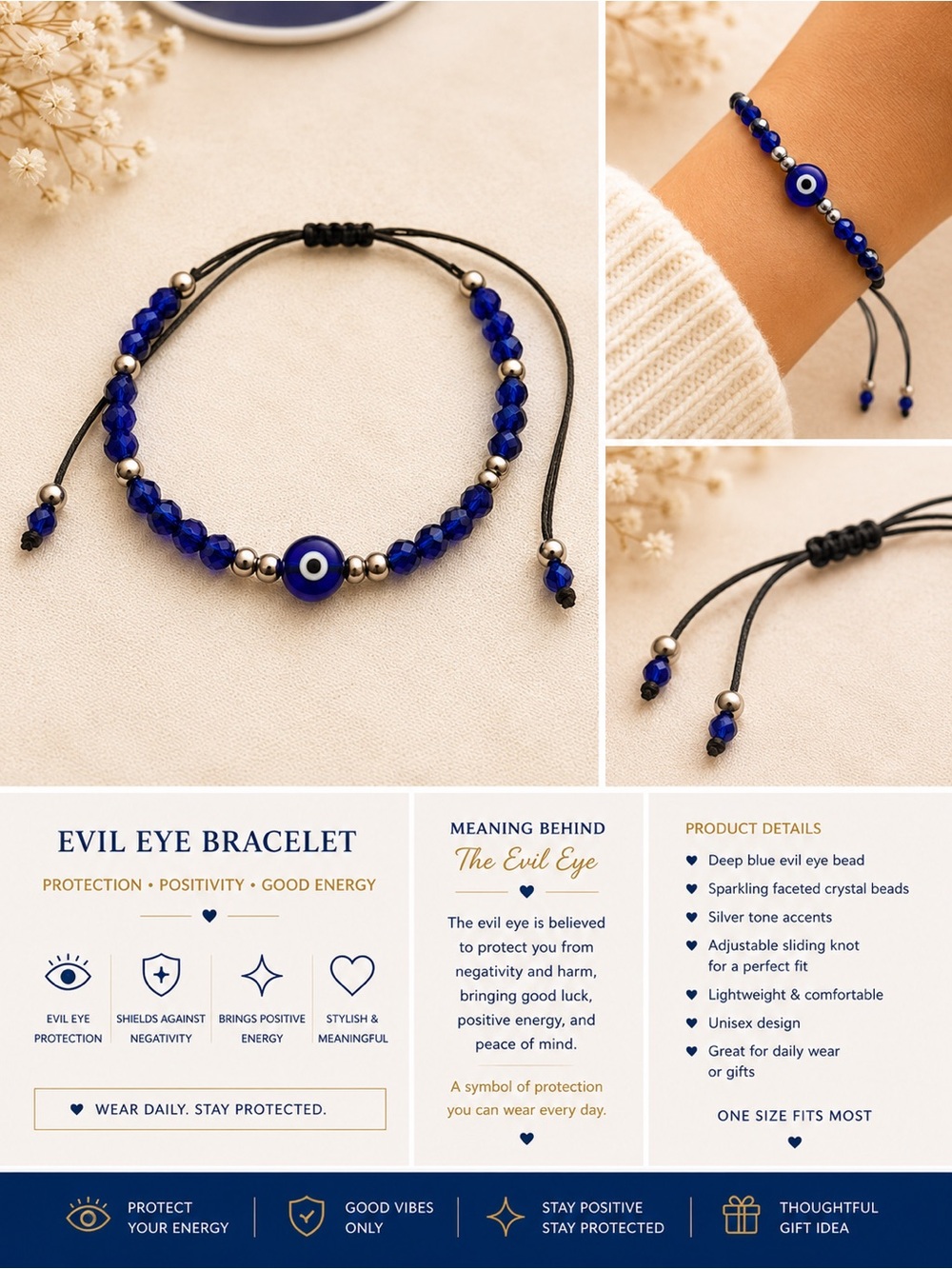 Evil Eye Adjustable Bracelet - Deep Blue Crystal Beads